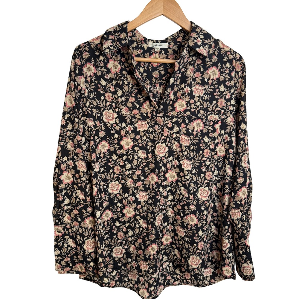 Pleione Women Floral V-Neck Blouse‎ S Black Pink Long Cuff Career Dark Academia